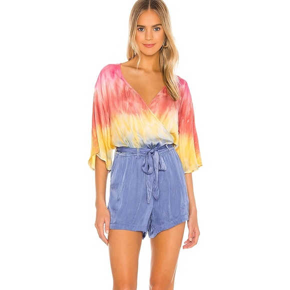 Chaser Romper women’s small Pastel Rainbow Prism Tie Dye V-neck Wrap boho urban - Picture 2 of 8